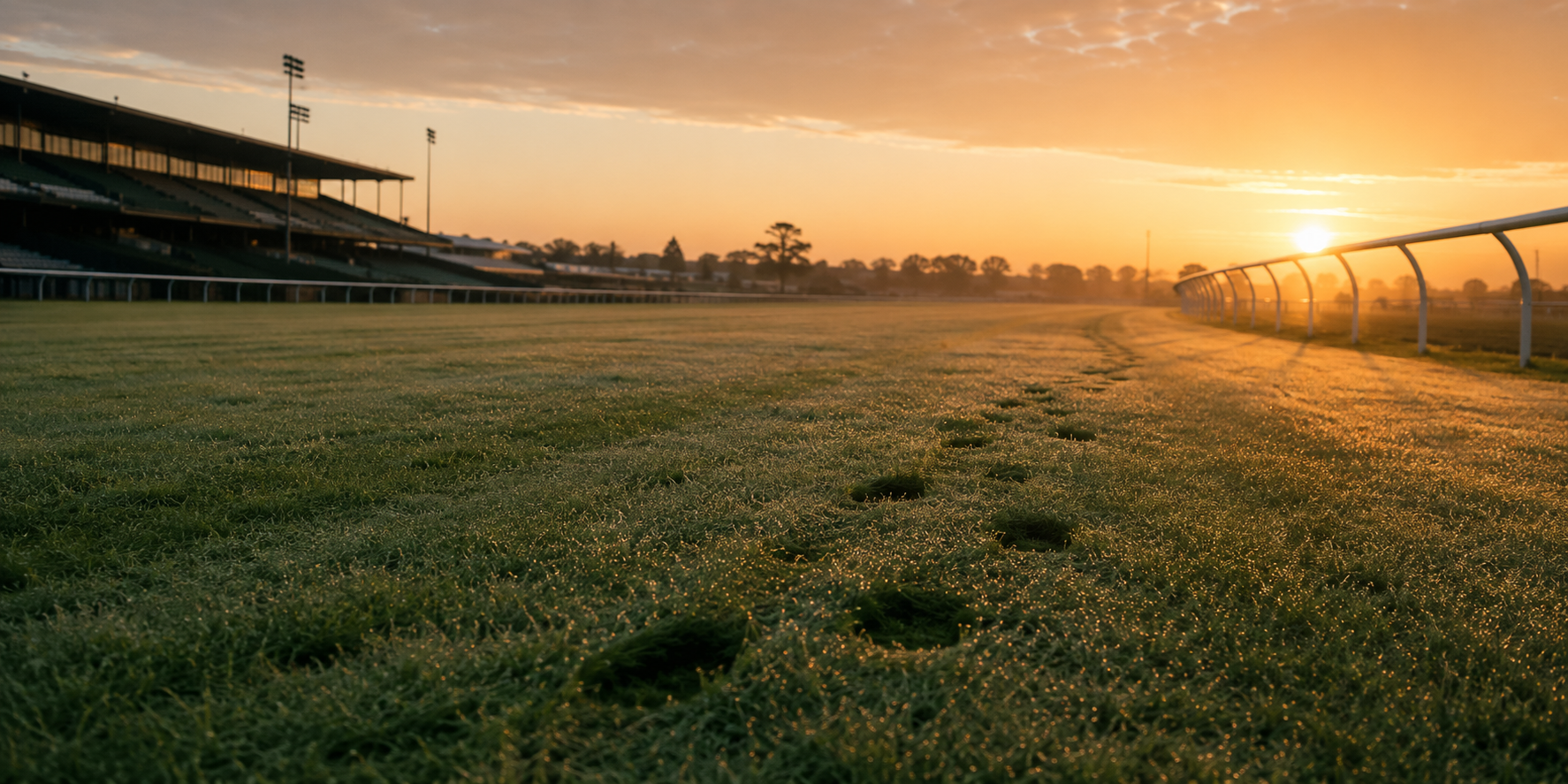 Racetrack at sunrise with footprints in the dew-covered turf